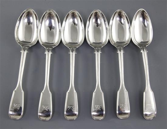 A set of six Victorian silver fiddle and thread dessert spoons, by Josiah Piercy II, Length: 182mm, weight 10.9oz/340grms